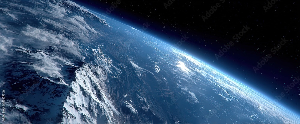 A breathtaking view of Earth from space, showing clouds, oceans, land, and the curvature of the planet under a starry sky.