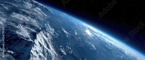 Obraz na płótnie A breathtaking view of Earth from space, showing clouds, oceans, land, and the curvature of the planet under a starry sky. w salonie