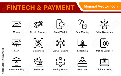 Finance and Technology Icon Collection – Professional Minimalist Line Vector Icons for Cryptocurrency, Mobile Banking, Digital Wallets, and Investments