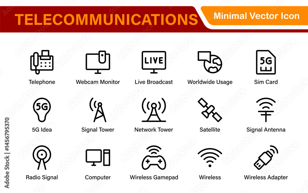 Fototapeta premium Modern 5G Telecommunications Line Icons – Minimalist Vector Outline Illustrations for Wireless Tech, Mobile Data, Network Infrastructure, and IoT Connectivity