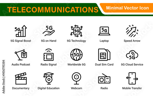 Modern 5G Telecommunications Line Icons – Minimalist Vector Outline Illustrations for Wireless Tech, Mobile Data, Network Infrastructure, and IoT Connectivity