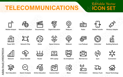 Modern 5G Telecommunications Line Icons – Minimalist Vector Outline Illustrations for Wireless Tech, Mobile Data, Network Infrastructure, and IoT Connectivity