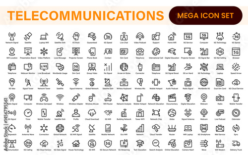 Modern 5G Telecommunications Line Icons – Minimalist Vector Outline Illustrations for Wireless Tech, Mobile Data, Network Infrastructure, and IoT Connectivity