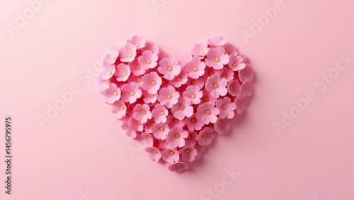 A heart made out of pink flowers on a pink background.