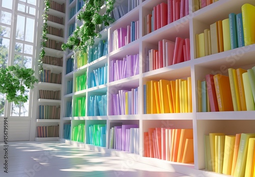 close up of white bookshelves with colorful books in library stock photo contest winner, high resolution photo,generative ai