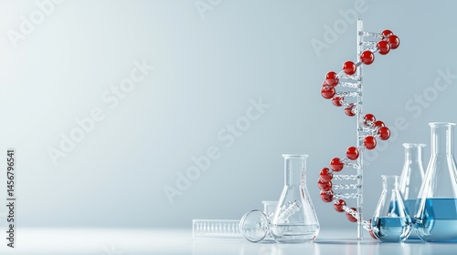 Laboratory setting with glassware and a DNA model, representing scientific research.