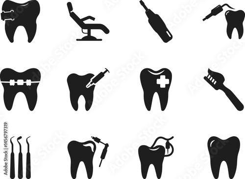 Black dental icon set showing a chair, tooth, drill, toothbrush, and instrument