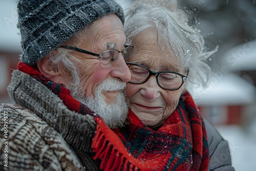 An elderly couple shares a tender moment, wrapped in cozy scarves, as softly falling snow surrounds them in a beautiful winter setting. Their expressions convey deep affection and warmth