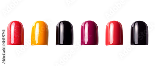 Set of Three Colorful Artificial Nails Against Transparent Background