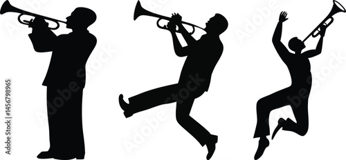 Trumpet player silhouette, iconic jazz art illustration.