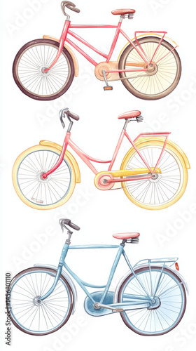 Watercolor Painted Vintage Bicycles. A watercolor illustration features three bicycles in pastel colors, perfect for projects related to transportation, leisure, and design.