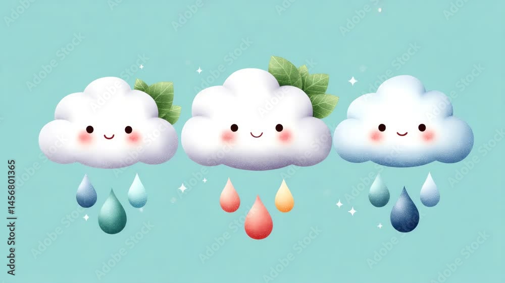 Three happy clouds with smiling faces and colorful raindrops are featured against a soft teal background Three happy clouds with smiling faces and colorful raindrops are featured against a soft teal background