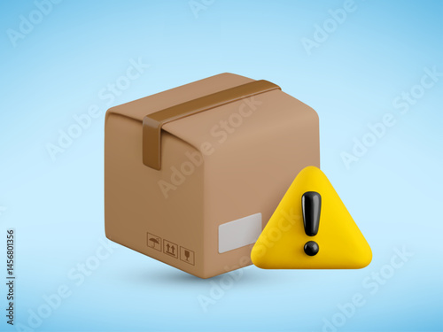 Vector cartoon 3d delivery problem banner. Realistic 3d cardboard box with exclamation mark triangle symbol. Missing parcel, cargo troubles, attention signal, order error, shipping information.