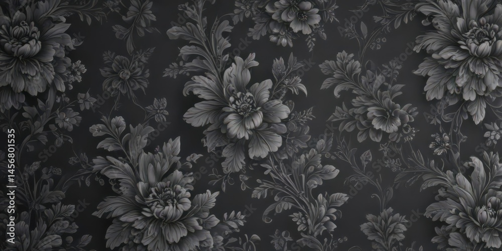 Fototapeta premium Dark grey floral wallpaper, small scale intricate design, black, small scale, covering