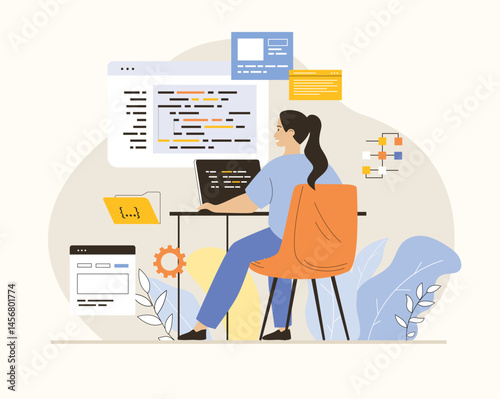 Software development, programming, coding. Developer working on computer and creating programs, coding and fixing code. Flat vector illustration.	
