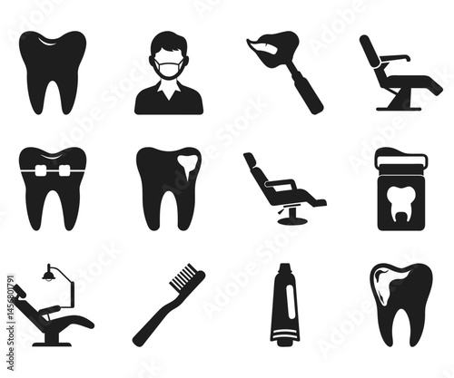 Collection of black silhouette dental icons showcases teeth, tools, equipment, and a masked dentist
