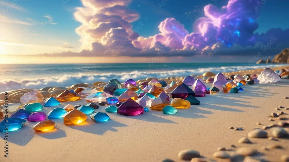 Ocean beach view and lots of crystal stone multi color on the beach , 4K video.