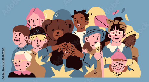 Crowd of different joyful kids, bear, duck. Diverse multicultural, multiracial children. Cartoon style characters. Happiness, childhood, friendship concept. Hand drawn colorful Vector illustration