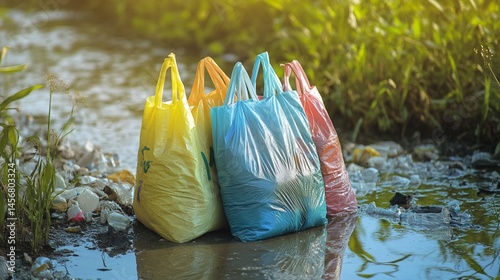 Colorful plastic bags stand out against the shimmering water, highlighting environmental pollution's impact. A stark reminder of waste management challenges we must confront today.