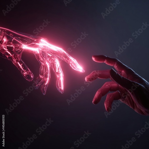 Futuristic interaction between a robotic hand and a human hand in a dark, glowing environment