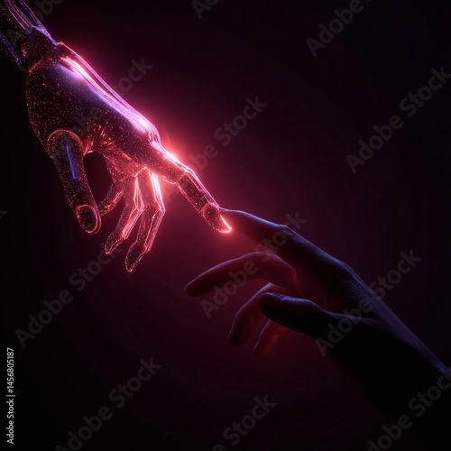 A futuristic scene depicting a robotic hand reaching out to touch a human hand, illuminated in neon colors