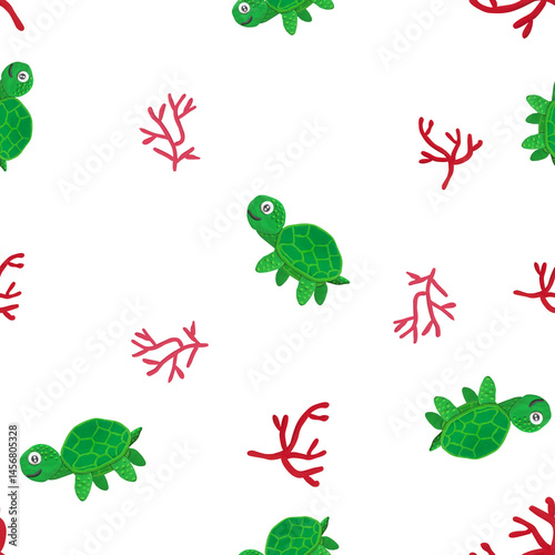 Cute green turtles and red coral made from plasticine on white background. Fun and colorful handmade sea life pattern in textile art style, ideal for kids design, fabric, or craft projects...