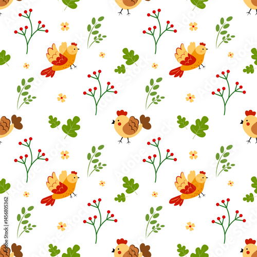 Seamless pattern with birds and leaves on a white background