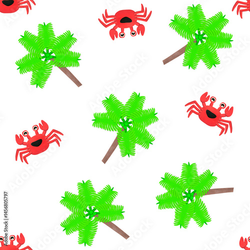 Playful plasticine artwork showing red crabs and coconut trees arranged on a white background. Bright and fun clay-style tropical pattern for kids’ design, summer themes, or textile art use.