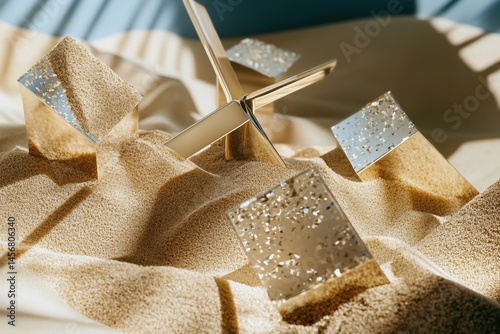 Fototapeta Naklejka Na Ścianę i Meble -  Abstract composition of golden chair and mirrored cubes in sand dunes under sunlight artistic studio shot