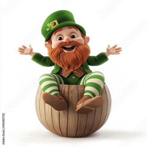 Cheerful Leprechaun Red Beard Green Outfit Striped Socks Wooden Ring Art St Patrick Day