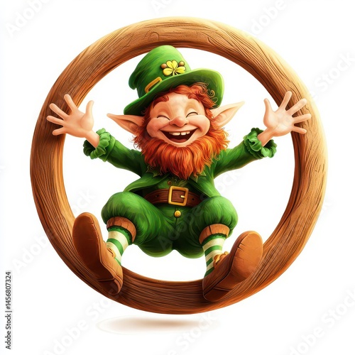 Cheerful Leprechaun Red Beard Green Outfit Striped Socks Wooden Ring