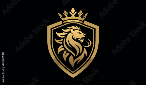 Vintage heraldic coat of arms with wings, shield, and lion emblem, featuring gold details and royal insignia