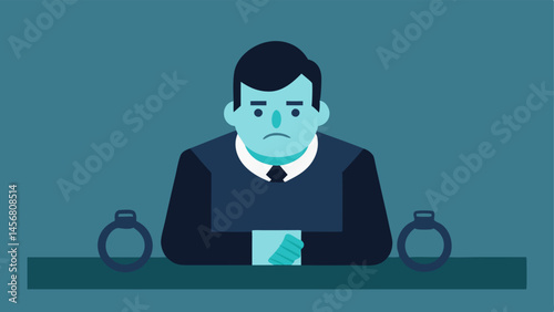 Handcuffed Suspect The suspect is depicted with handcuffs resting on the table in front of them reinforcing their status and the seriousness of the situation.