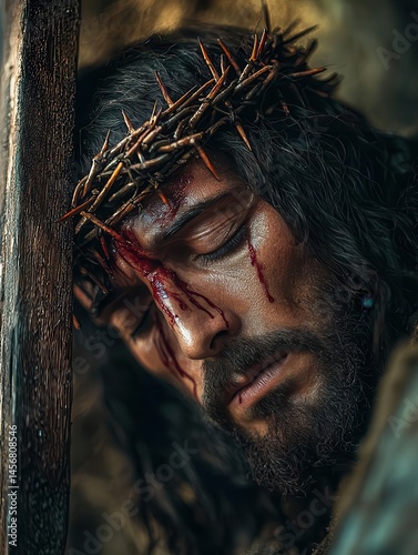 Close-up portrait of jesus christ wearing crown of thorns carrying wooden cross eyes closed depicting pain and suffering