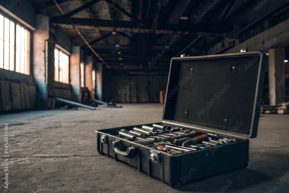 Exploring the open metal toolbox filled with assorted wrenches and sockets in a dim garage setting for diy enthusiasts Exploring the open metal toolbox filled with assorted wrenches and sockets in a dim garage setting for diy enthusiasts