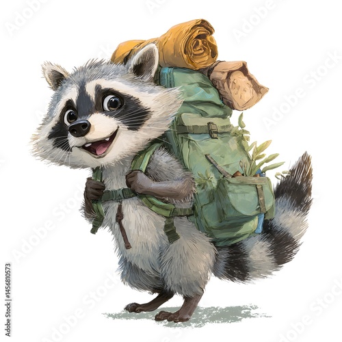 A cheerful raccoon embarks on an outdoor adventure, carrying a large backpack filled with camping essentials. Illustration style.