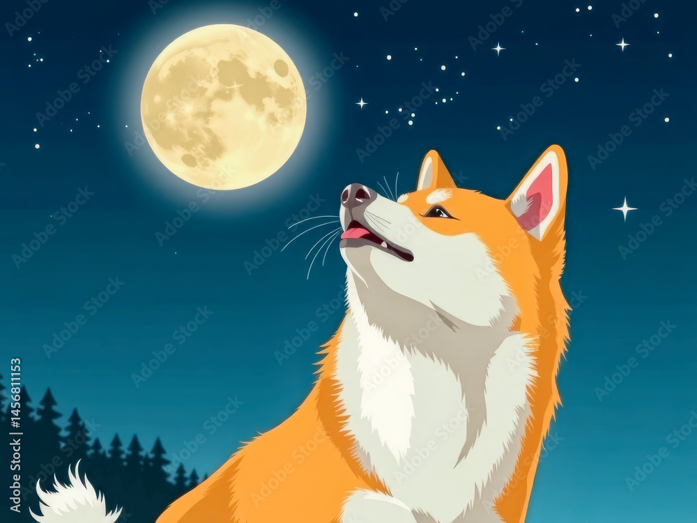 A dog is looking up at the moon in the night sky. The dog is looking up at the moon with a sense of wonder and curiosity