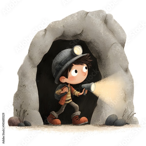 A young explorer with a helmet and flashlight cautiously enters a dark cave entrance, ready for adventure. Eager to discover what's hidden inside.