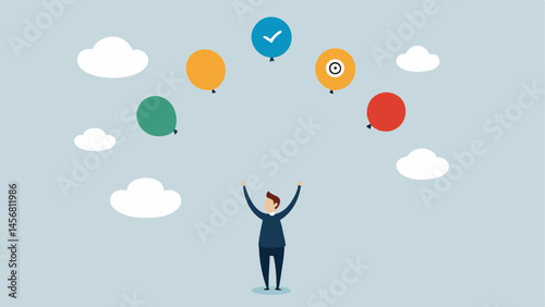 Balloon Release A figure releasing balloons into the sky with each balloon labeled with different life experiences e.g. Success Failure Love symbolizing freedom in forming
