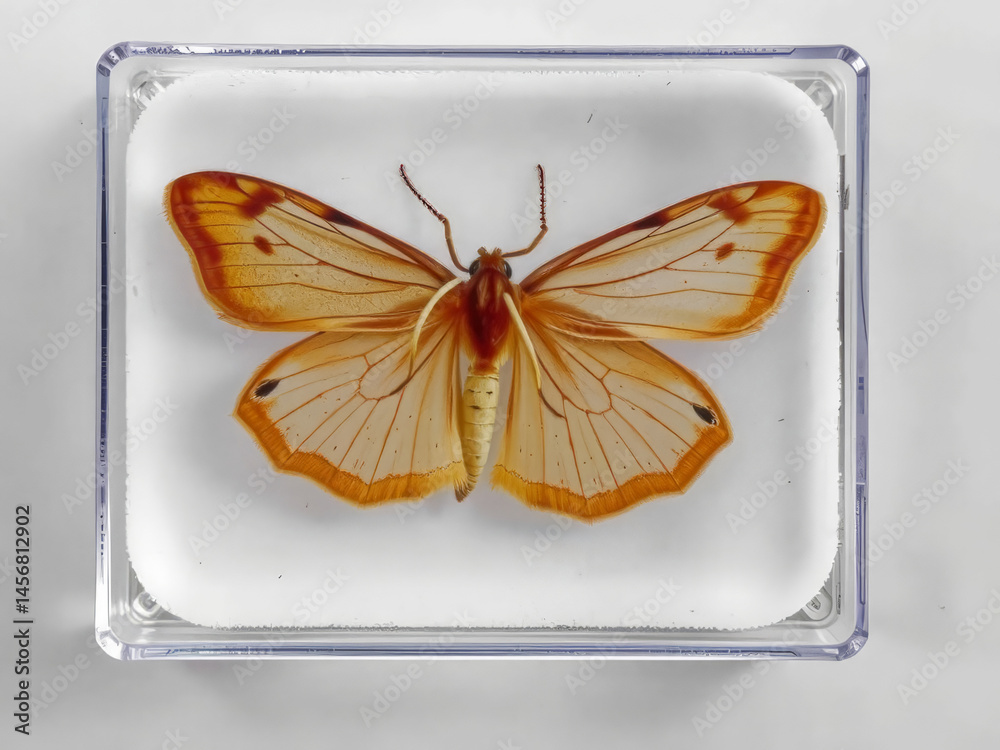 A butterfly is in a clear case. The butterfly is orange and white