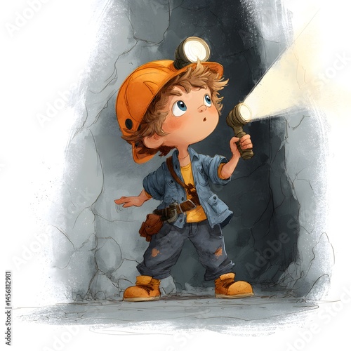 Young explorer with headlamp, venturing into a dark cavern with a flashlight, sparking curiosity and a sense of adventure.