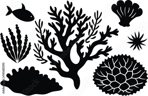 Coral Ocean Silhouette, Coral , Seaweed , Sea Plant vector illustration