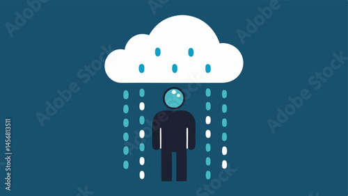 Data Leak Rain A cloud icon raining down binary code 0s and 1s over a silhouette of a person who looks distressed conveying the feeling of data exposure.