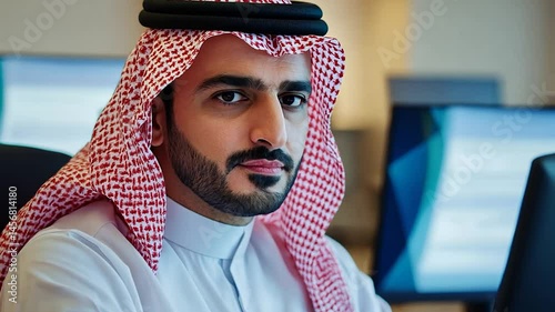 Focused young man in traditional attire working at a modern tech workspace with screens