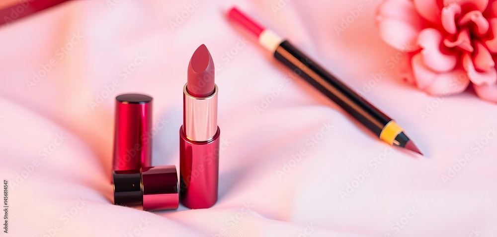 Obraz premium Creamy lipstick and lip liner on soft backdrop, palette, makeup