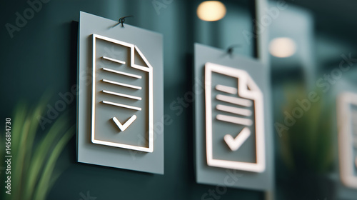Modern Minimalist Office Display with Paperwork Icons Featuring Check Marks in a Stylish Green Environment