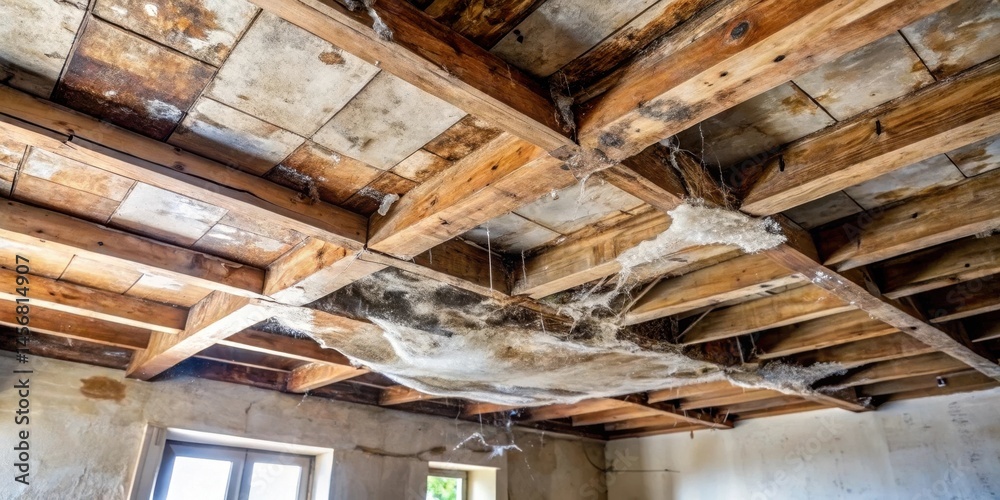 A dilapidated wooden ceiling with extensive water damage and cobwebs, showing signs of neglect and requiring urgent structural repair A dilapidated wooden ceiling with extensive water damage and cobwebs, showing signs of neglect and requiring urgent structural repair