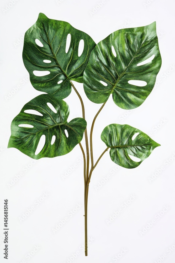 Obraz premium Studio shot of a monstera deliciosa plant with vibrant green leaves against a clean white background for botanical design projects