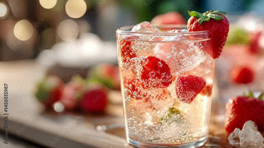 Refreshing summer beverage with strawberries and sparkling water served outside in a glass tumbler with ice cubes and fresh fruit.