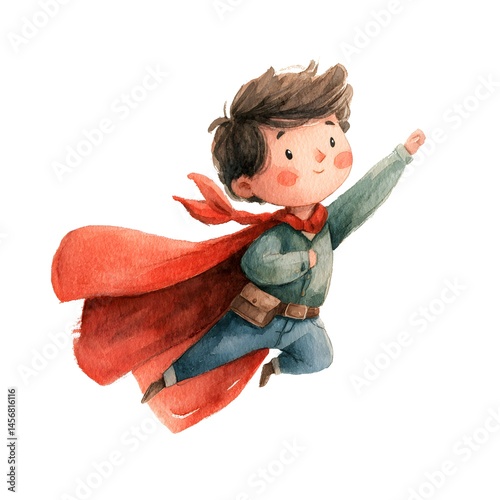 A watercolor illustration depicts a young boy with a red cape, suggesting a superhero in flight against a clean, white backdrop.